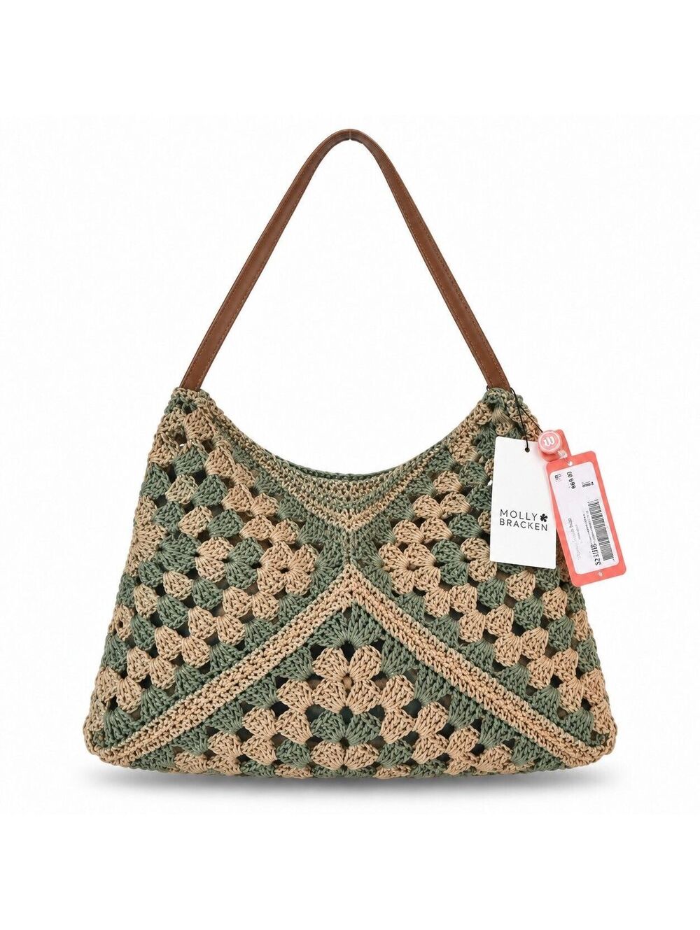 Molly Bracken NWT Crochet Shoulder Bag Sage Green Beige Boho Granny Square
